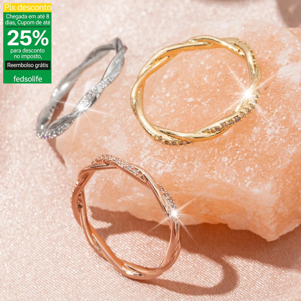 Fedsolife anel banhado a ouro diamante simples luz luxo única fileira anel de diamante par feminino