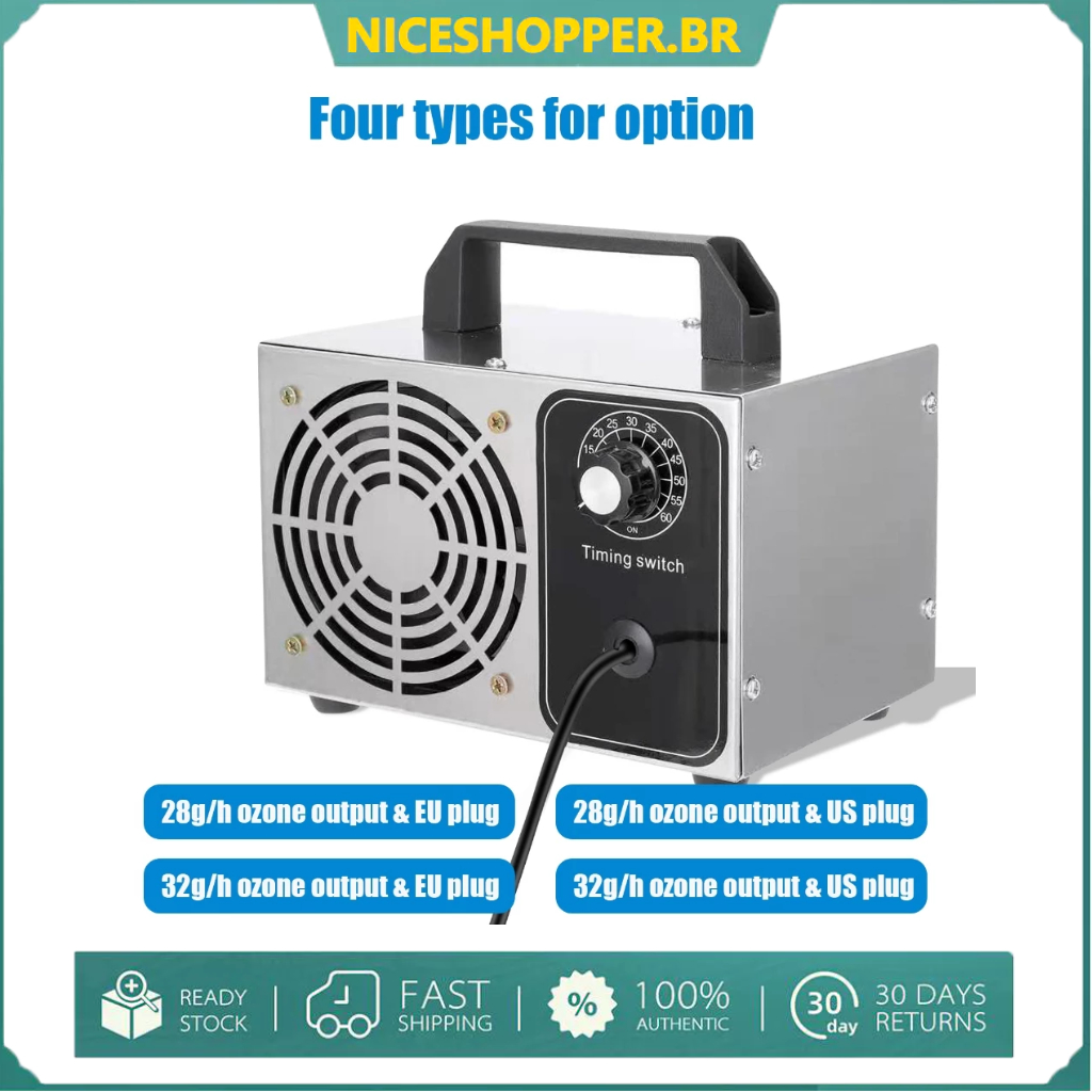 Gerador de Ozônio 32g/h Purificador Ar Aço Inoxidável Timer Cozinha Carro