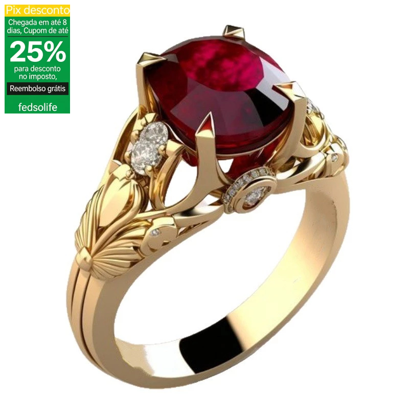 Moda anel rubi anel banhado a ouro oco diamante feminino luz estilo luxo vermelho diamante noivado