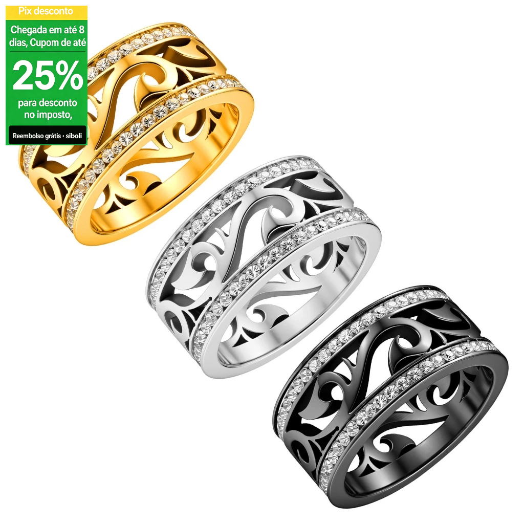 Anel banhado a ouro diamante aço inoxidável oco padrão anel de diamante Retro videira esculpida versão ampla anel senhor