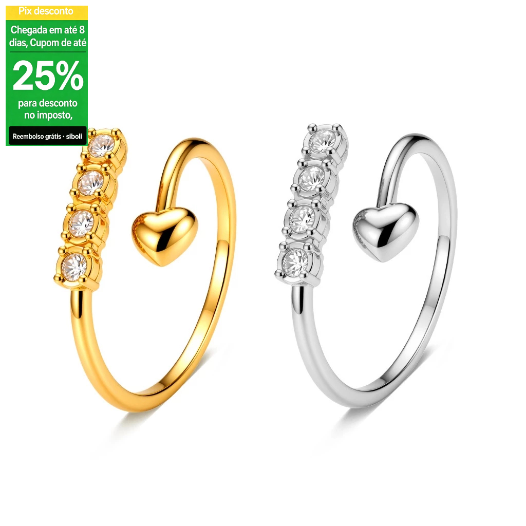 Anel de diamante banhado a ouro coração diamante-cravejado aberto anel de aço inoxidável luz luxo quatro diamante anel a