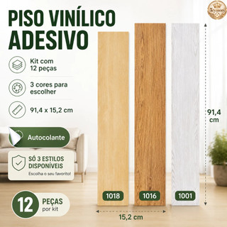Kit 12 Peças Piso Vinílico Autocolante Adesivo Régua Madeira Lavável 91x15cm