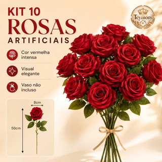10 Peças Rosas Artificiais Aveludadas Vermelhas 50cm para Decoração Arranjo de Flores e Buquê