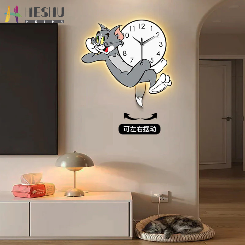 [Frete grátis] Relógio de parede Relógio de desenho animado Relógio de parede de gato e rato Relógio de parede para sala