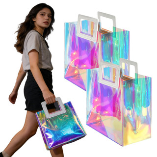 Saco de presente holográfico de 28 x 25 x 13.5 cm Conjunto de duas peças reutilizável com alça adequado para lembranças 
