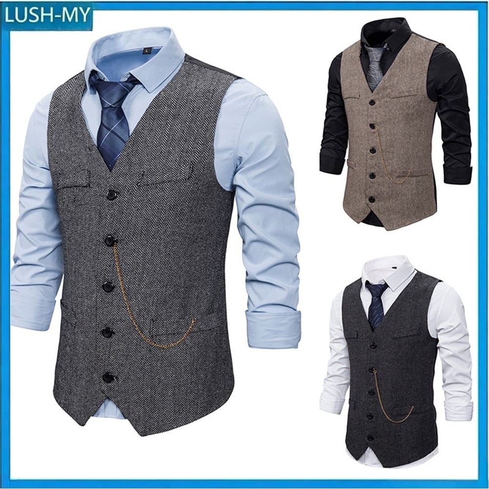 Colete Masculino De Tweed Vintage Formal Espinha De Peixe Retrô Com Botão De Negócios