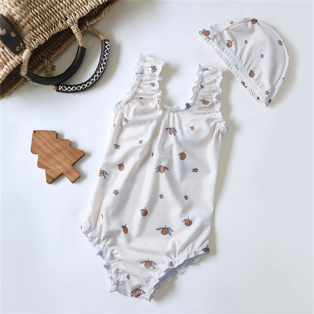 Maiô Infantil Listrado Floral Com Bolinhas , Sem Mangas , 1 Peça , Biquíni Tankini , Roupa De Banho Chapéu