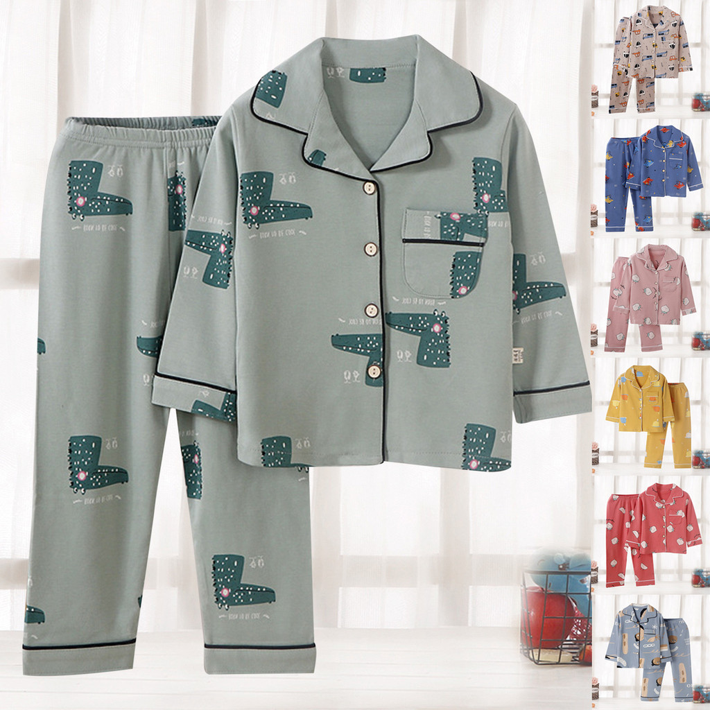 Conjunto De Pijama Infantil Manga Comprida Estampado Gola Top E Calça Botão Algodão Macio Roupa De 2 Peças 3-4 Anos