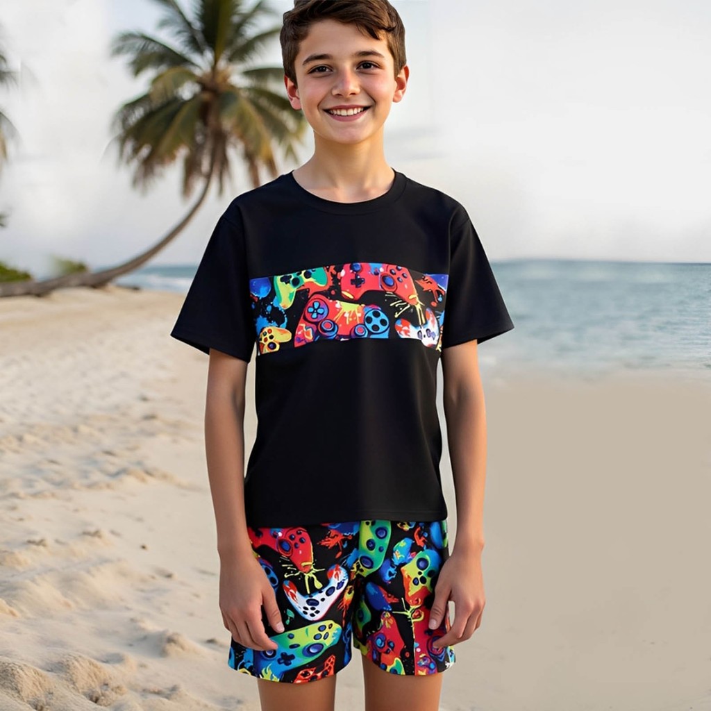 Conjunto De Maiô Para Meninos Rash Guard Manga Curta UPF 50 + Proteção Solar Estampada Praia Piscina Natação 7-12 Anos