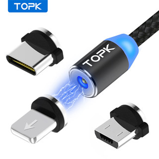 [TOPK 3 Em 1 Cabo De Carregamento Magnético 360 Graus Rotativo Com Micro USB C Trançado De Nylon LED
