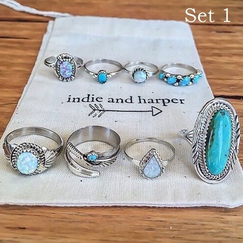 Conjunto de 8 Anéis de Turquesa e Pedra Opalina - Joias de Casamento e Noivado em Estilo Fashion.