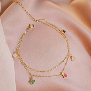 Tornozeleira de Quatro Folhas Colorida Clover Anklet Feminina Sexy Exclusiva Corrente de Tornozeleira Nua Corrente de Pé Simples