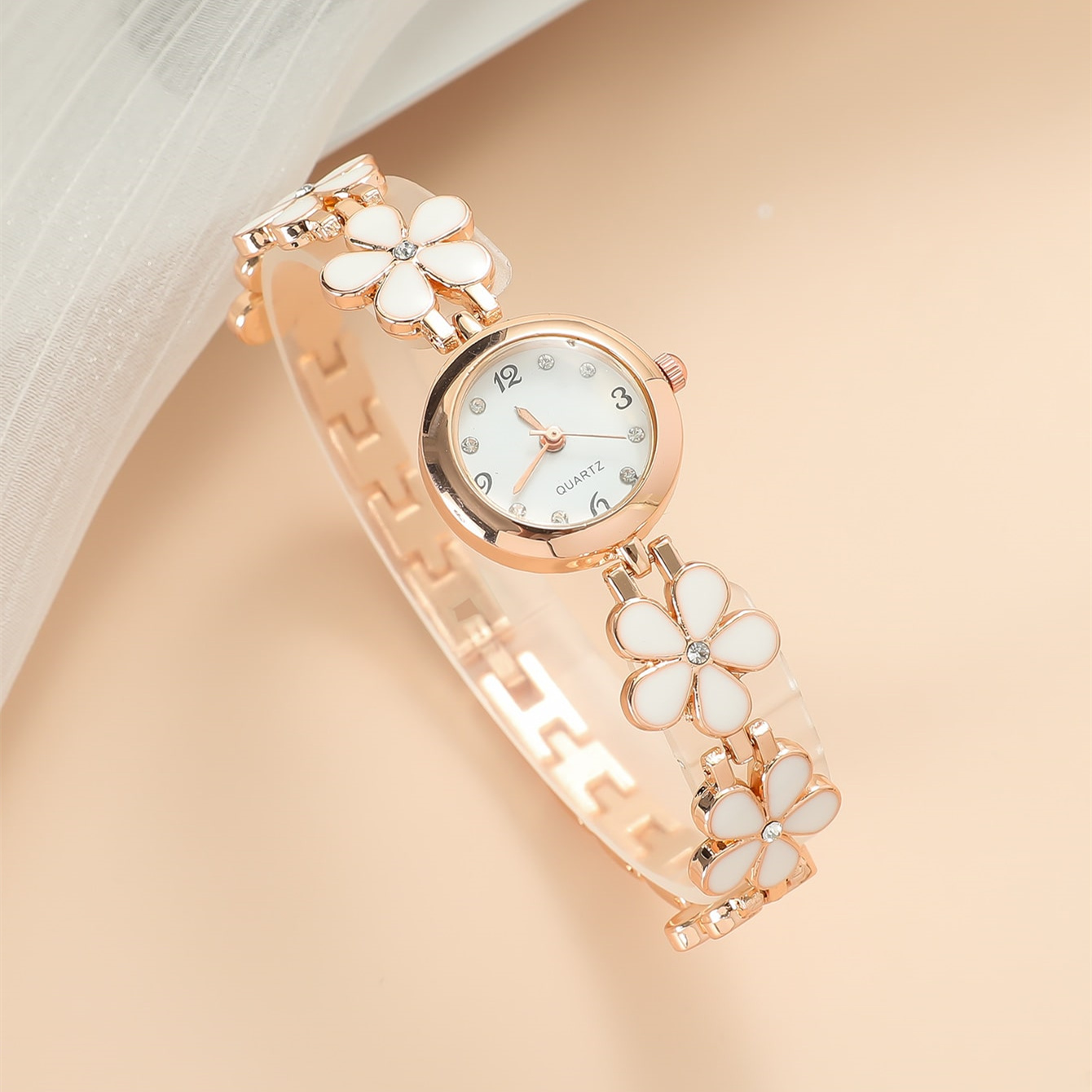 Relógio Floral Em Ouro Rosa , Pulseira Fina De Quartzo Para Mulheres , Presente Iluminador De Pele , Preto E