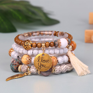 4pcs / set Bohemian Ethnic Style Multi-Layer Pendant Beaded Pulseira com Contas de Madeira Tassel Jewelry