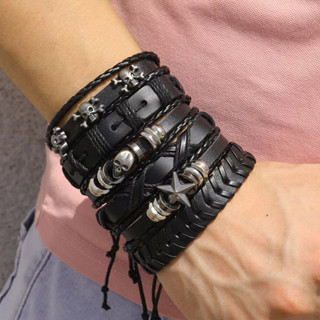 Nova Moda Homem Bracelete De Couro Skull Pulseira Unisexo Pulseiras De Múltiplos Pulsos Esqueleto Conjunto De Bangles 2023 Party Jewelry