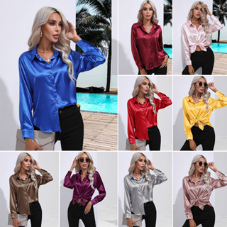 Tendência Moda Simulação Satin Simulação Seda Camisa de manga comprida Camisa de manga comprida feminina Home Office All-Match Top Women Summer New Style