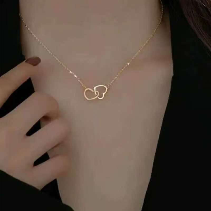 Moda Duplo Coração Colar Feminino Presente Dos Namorados Encantador Pingente Ouro Prata Op...