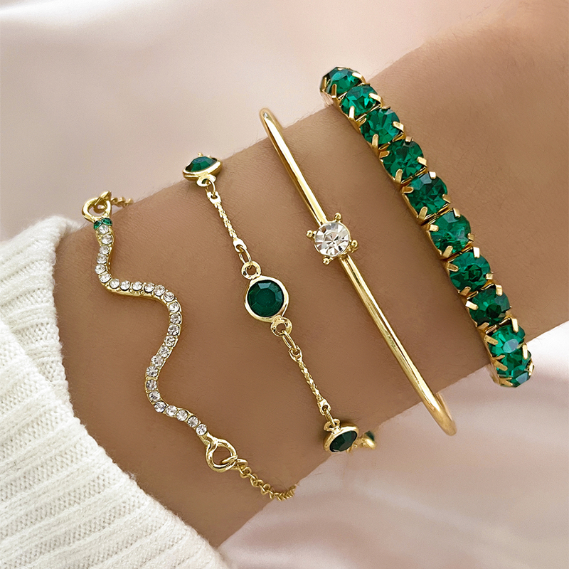 Conjunto De Pulseira Feminina De Serpente De Cristal Verde , 4 Peças , Joias Chiques Para Uma Declaração Ousada