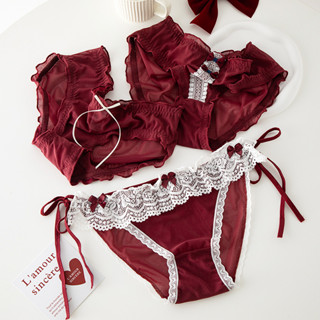 AMVI New Ano Lace Cotton Crotch Calcinha Vermelha De Algodão Cintura Baixa Rufo Fofo Fora De Malha Roupa Interior Feminina De Natal Sem Costura