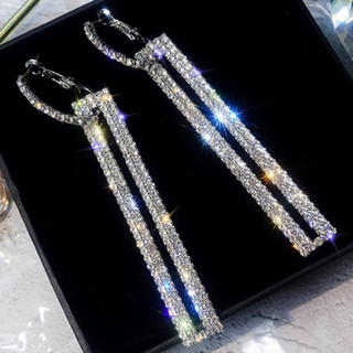 1 Pçs Agulha De Prata Moda Europeia E Americana Exagerada Diamante Brincos Retangulares Coreanos Longos Cheios De Diaman em Oferta na Shopee