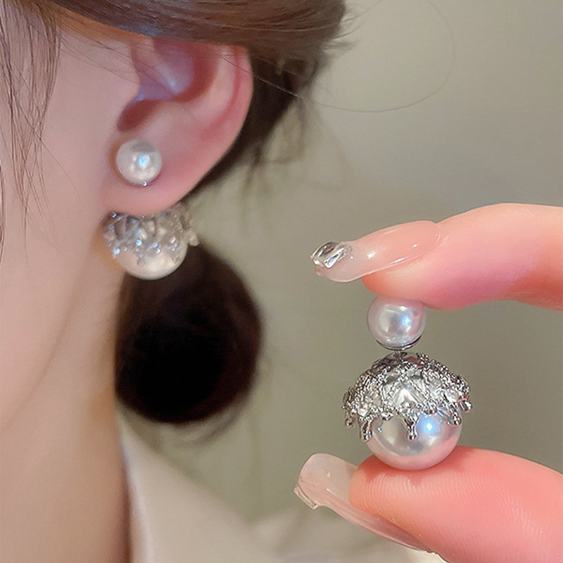 Novo 1 Pçs Agulha De Prata Cravejado De Diamante Pérola Brincos Dupla Face Coreano ins Temperamento Estilo Legal design