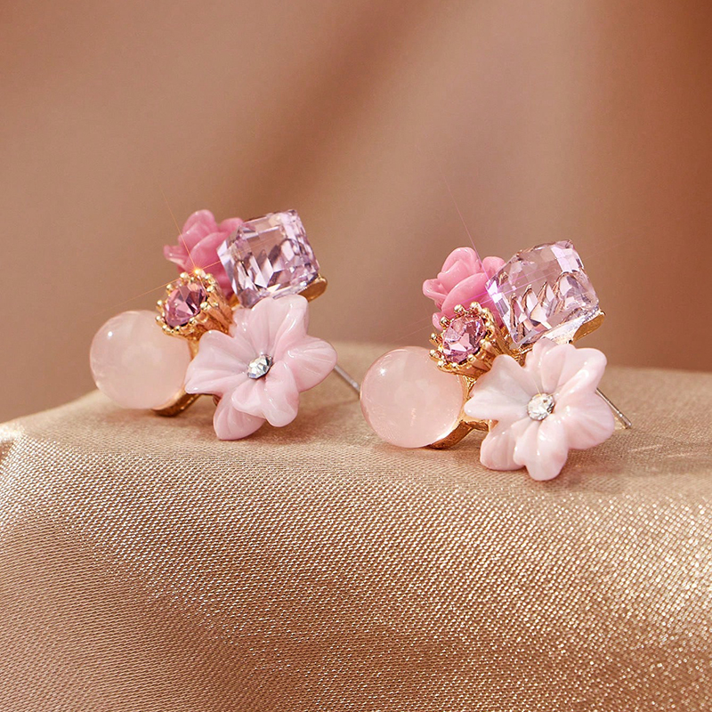 Conjunto de 2 peças de brincos com agulha prateada e flores de cristal olho de gato com diamante, brincos de moda doce