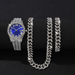 3 Pcs Business Diamond Steel Band Relógio Homem Faixa De Aço Diamante De Discagem Digital ...