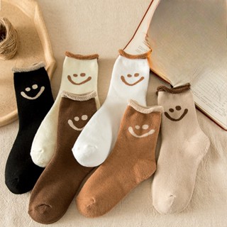 Meias de Inverno de Outono Meias de Inverno Femininas Meias de Tubo Médio Espessadas Meias de Boca Solta Smiley Terry