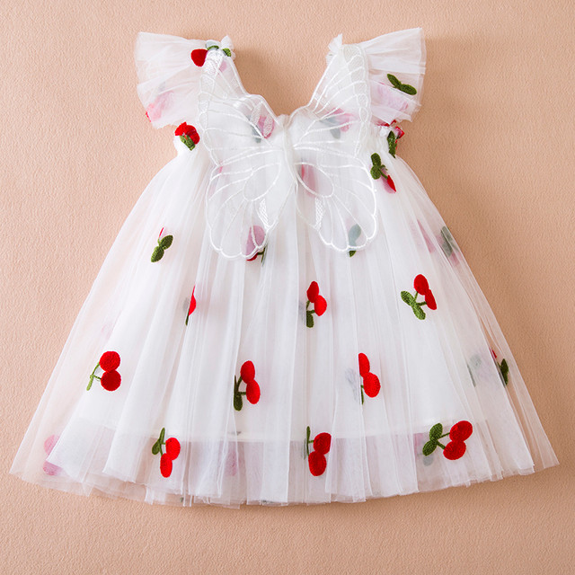 Lindo Vestido Borboleta Bebê Com Asas | De Verão Cereja Bordado Para Meninas