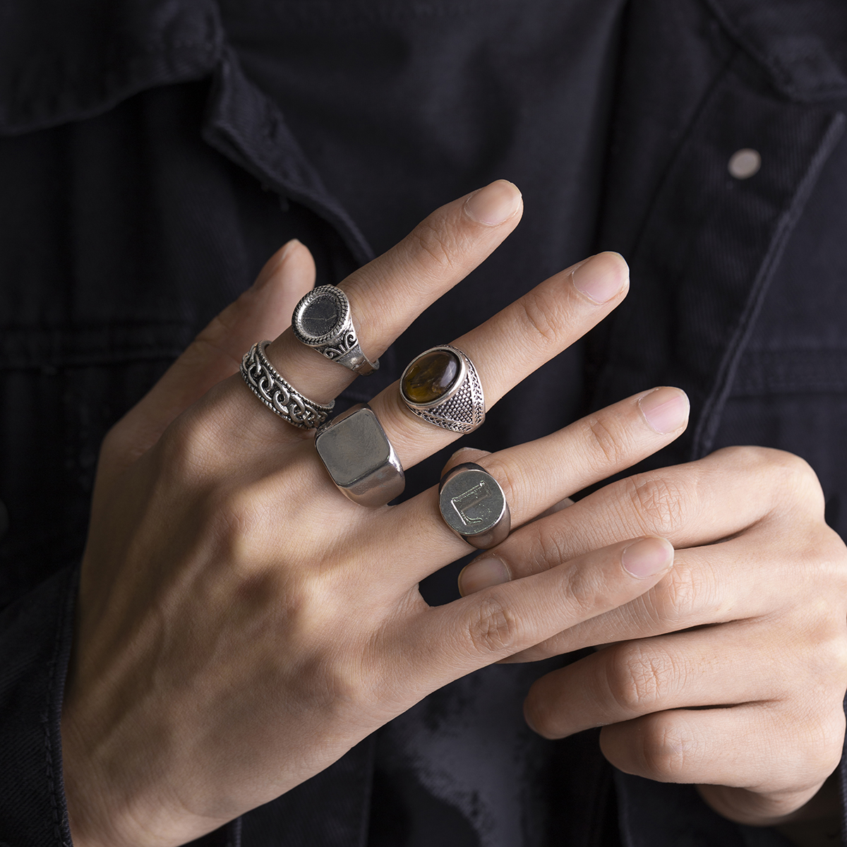 5 Peças/Conjunto de Anéis Geométricos Vintage Redondos e Quadrados para Homens - Conjunto Moderno e Legal de Anéis para