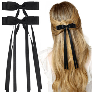2Pcs Grande Arco De Cabelo Satin Hair Bow Elegante Fitas Com Barrettes De Cauda Longa Para Meninas Femininas