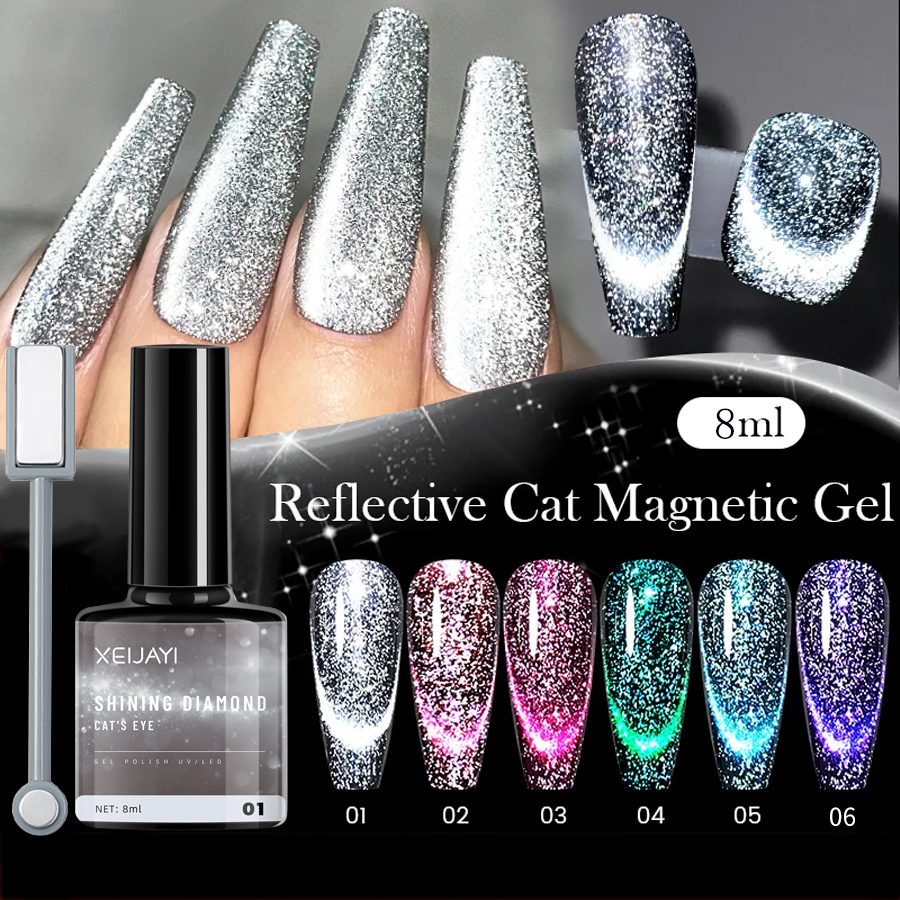 6 Cores 8ml Brilho Reflexivo Olho De Gato Gel Esmalte , Brilhante , Embeber LED UV-Perfeito Para Arte Em Unhas DIY Casa