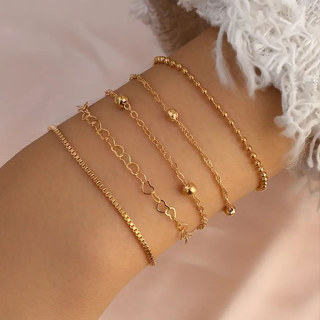 5 Peças de Moda Européia Americana com Contas de Moda Européia Hip-Hop Cadeia de Contas Simples Pulseira com Corrente de Amor Pulseira Adequada para o Uso Diário Feminino
