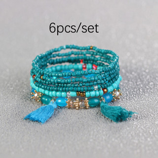 Conjunto de 6pcs / set Multi-Layer Bohemian Rice Beadlet Pulseira Tassel Pendant Jewelry