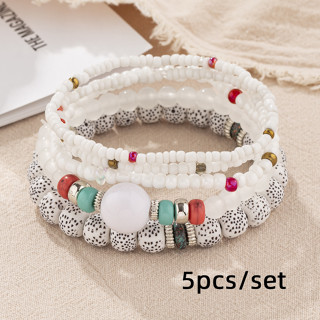 Pulseira de 5pcs / set Estilo Boêmio Pulseira Estilo Étnico Pulseira de Cordas de Contas Mistas de Cores Pulseira de Múltiplas Camadas Pulseira de Casal Retro Feita à Mão