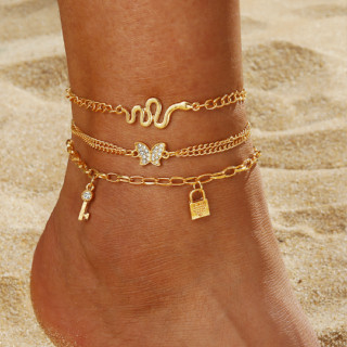 Novo Conjunto de Jóias de Tornozeleira de Corrente de Borboleta Retro Cobra com Chave de Fechadura Multi-Layer Anklet ins3-Piece Anklet Couple Jewelry
