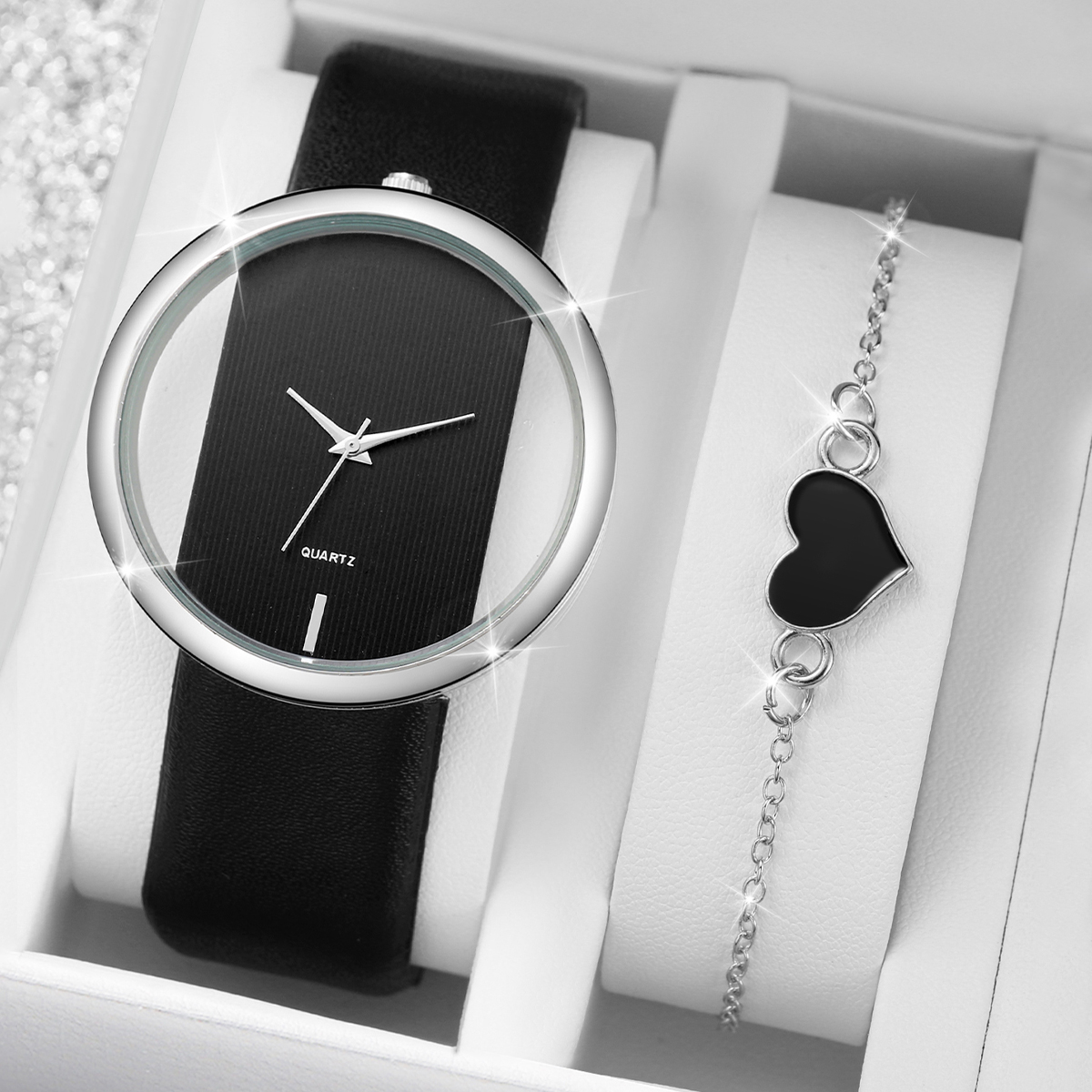 Relógio feminino moda oco grande mostrador cinto relógio de quartzo + conjunto de pulseira de coração