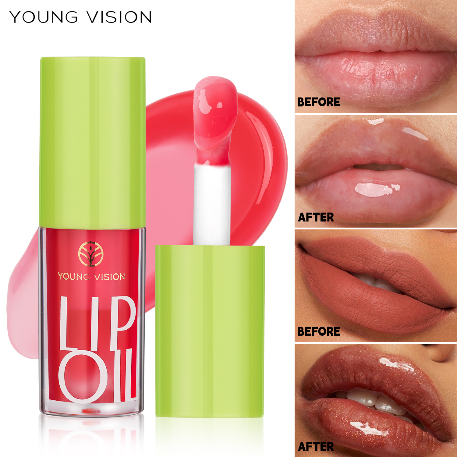 Óleo Labial De 6 Cores Para Maquiagem Barata YOUNG VISION : Brilho Transparente , Esmalte Hidratante , Aplicador De Pinc