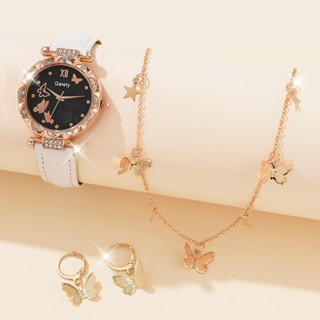 3 Pcs Relógio De Quartzo Feminino Simples E Moderno Com Mostrador Diamantado De Borboleta Feminina