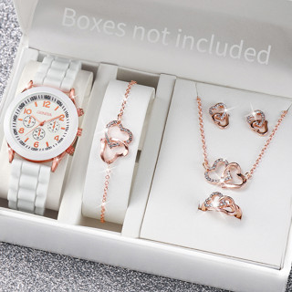 Relógio de pulso de quartzo com pulseira de Silicone para senhoras de Genebra + Conjunto de jóias de amor duplo