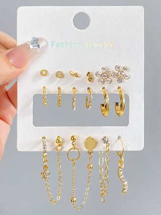 Conjunto de 9 peças Conjunto Europeu Americano Fashion Retro Diamond-Studded Cinco Pontas Estrela Corrente Pequenas Flores Brincos de Cartão Jóias