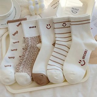 5 Pares Meias Esportivas Casuais Japonesas De Cor Sólida E Listrada Minimalista Para Estud...