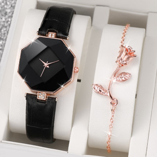 Relógio de Moda Senhoras Cinto de Quartzo com Cinto Diamantado + Conjunto de Pulseiras Rosa (Sem Caixa)