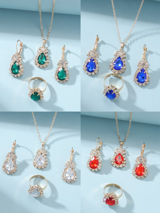 Colar Pingente de Água Esmeralda Gema Colar Pingente de Água Colar de Moda Brincos Anel Conjunto Combinado de Três Peças
