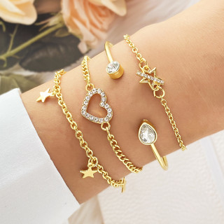 Nova Pulseira Coração de Amor Retro Light Luxo Diamante Coração de Pêssego Pulseira Coração de Pêssego de 4 peças Abertura Criativa Jóias Ajustáveis