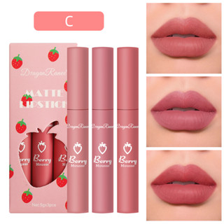 3 Conjunto de Batom e Brilho Labial Matte Fofo em Caixa de Veludo Morangos