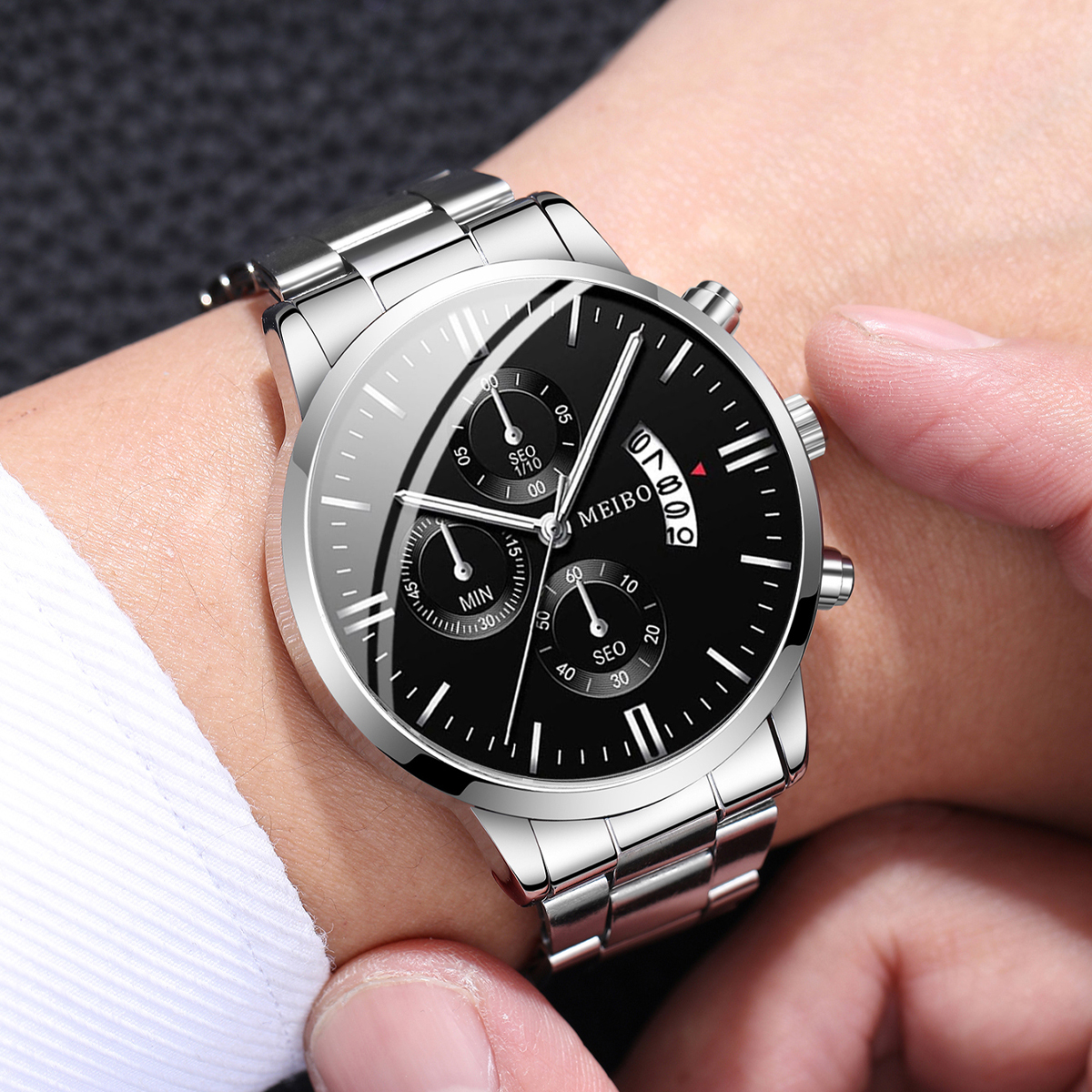 Detalhes do Conjunto De Relógio Empresarial Masculino De Aço Inoxidável , Calendário De Quartzo E Colar Cruzado , Tom Prateado