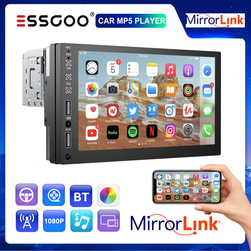 ESSGOO 1 Din Car Radio 7 " Polegadas Tela Touch Screen Link Central MP5 Receptor Bluetooth FM Rádio De carro USB/AUX Autoradio