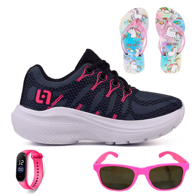 Super Kit Infantil para Meninas: Tênis Casual Rosa com Preto + Chinelo Unicórnio + Ócuilos de Sol + Relógio Digital