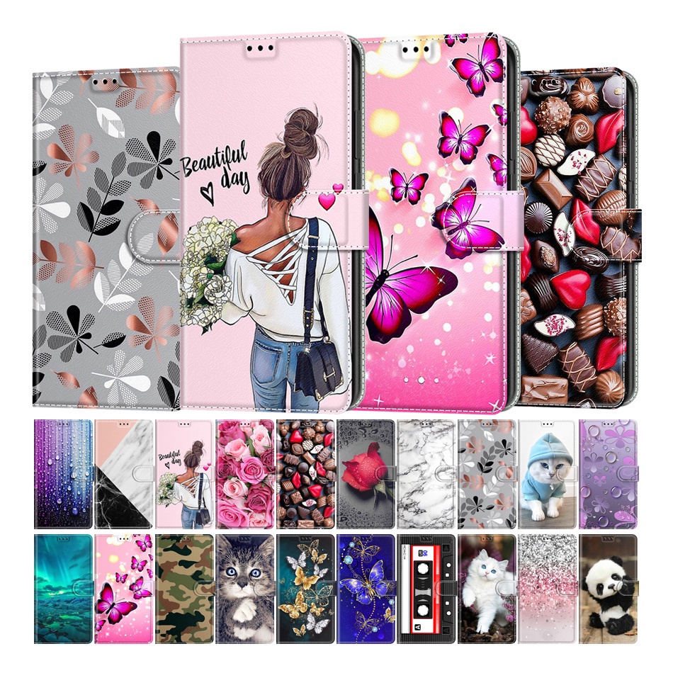 Capa Flip De Couro Pintada Para Samsung Galaxy A23 M23 5G Flor Gato Borboleta Cartão Da Carteira Titular Stand Book Cover